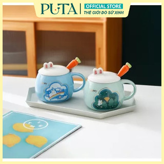 Cốc sứ có nắp, Sứ́, Quà lưu niệm, cute có nắp đậy, họa tiết bunny siêu đáng yêu 420ml