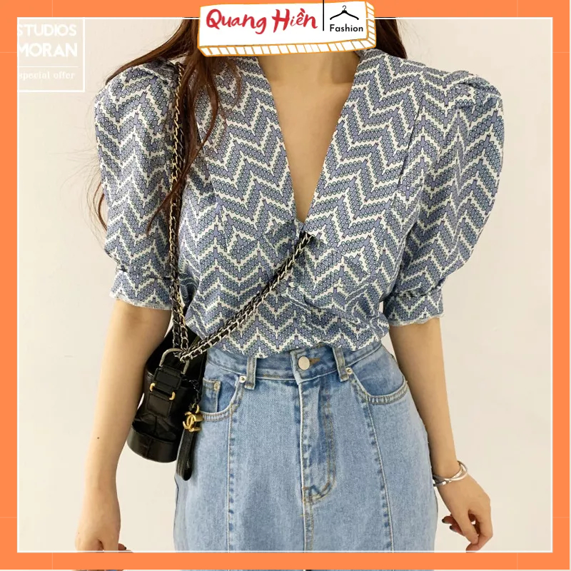 Áo sơ mi nữ kiểu tay bồng hoạ tiết cổ bẻ tam giác MS689