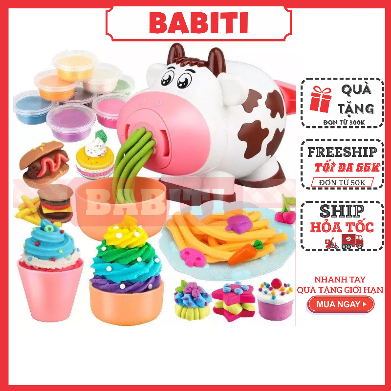 Bộ đồ chơi đất sét, đất nặn bò sữa tạo hình, làm mì, bánh theo khuôn đáng yêu cho bé