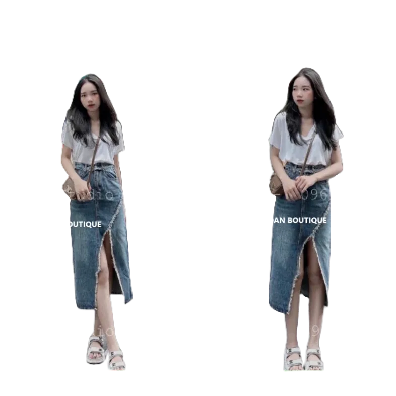 Chân váy jean dài xẻ tà ziczac tua rua kèm đai đẹp_chân váy bò dài kiểu