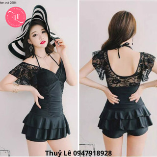 Bikini đi biển váy đen ren vai xinh xắn, tôn dáng, che khuyết điểm vòng bụng, có size tới 80kg