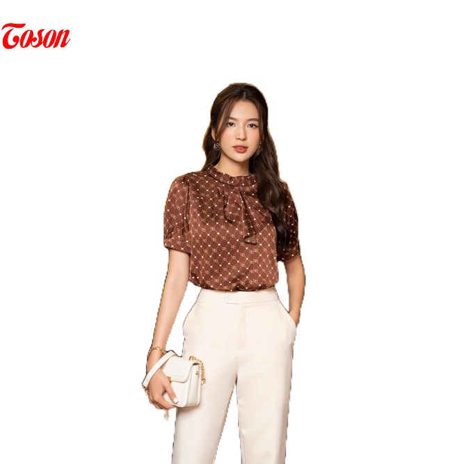 Áo sơ mi lụa cafe hình trái tim, đính nơ trang trí Limitted Toson 14005N63