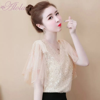 Thanh lý Áo sơ mi nữ/áo kiểu nữ cổ chữ V tay ren cánh tiên