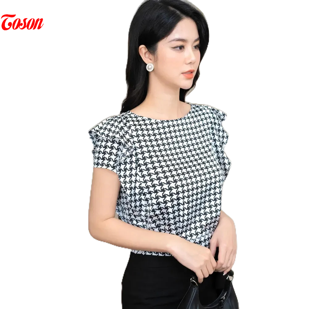 Áo bo gấu lụa kẻ trắng đen, cộc tay bèo đổ Toson 14021K93