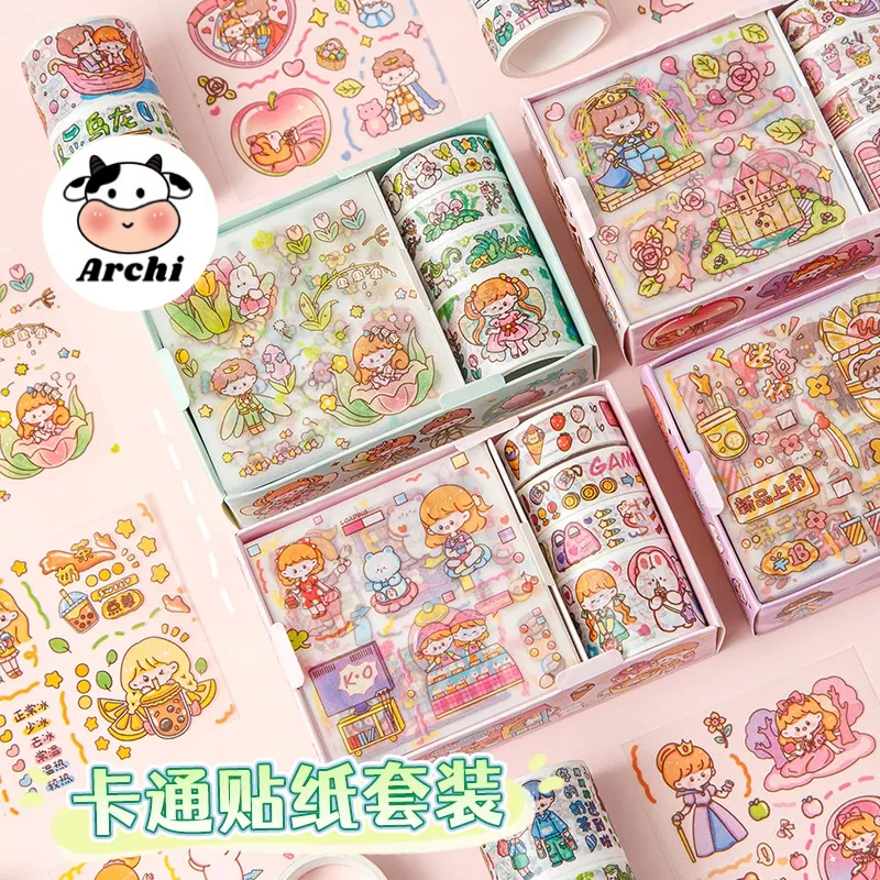 Hộp 8 món băng keo dính Washi tape + sticker dán trang trí sổ lưu niệm DIY hoa tiết hoạt hình cute