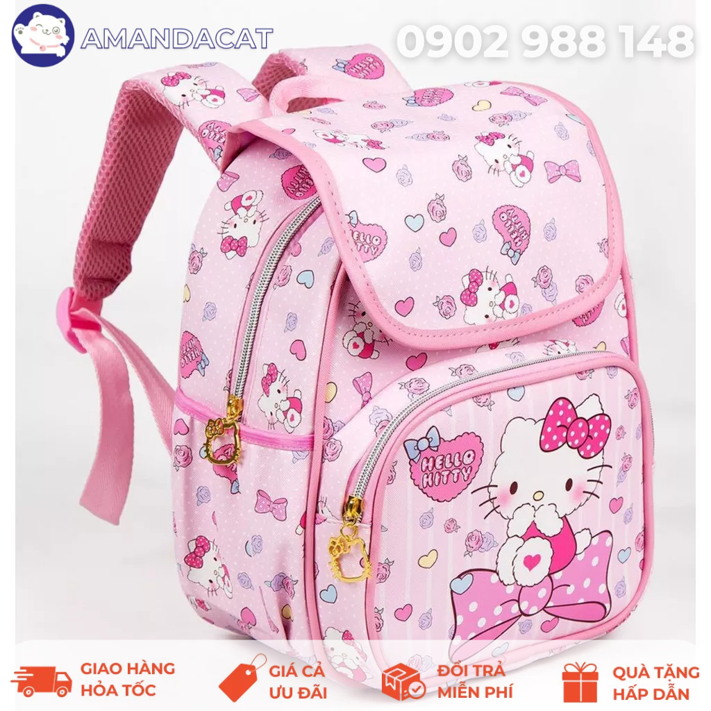 Balo học sinh hình Hello Kitty có khóa kéo lật chống thấm nước cho học sinh tiểu học dây đeo có đệm dày êm ái