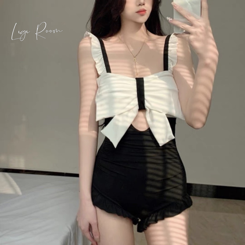 Bikini 2 dây liền thân 1 mảnh màu hồng cổ nơ, đồ bơi sexy màu xanh khoét lưng