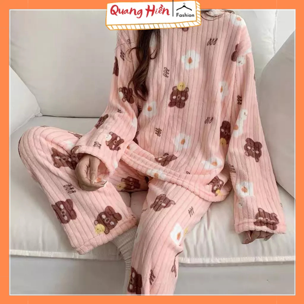 Bộ ngủ lông nữ mặc nhà hình gấu kute siêu ấm áp MS992