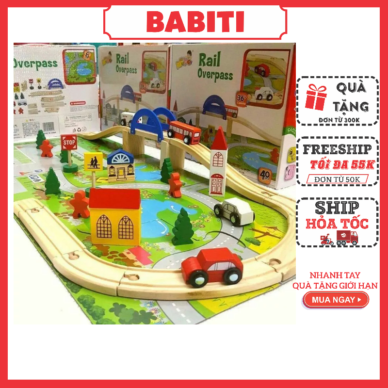 Bộ mô hình giao thông thành phố bằng gỗ an toàn cho bé đồ chơi ghép hình bằng gỗ có đường ray Đồ chơi đường ray xe lửa