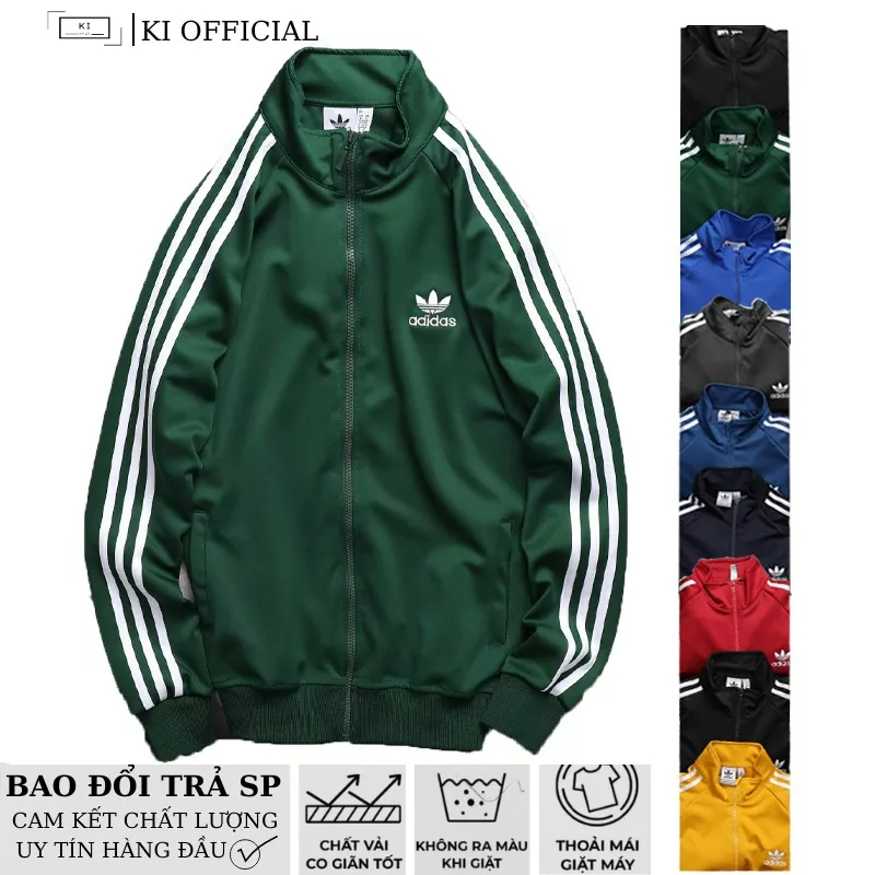 ÁO KHOÁC Thể Thao 3 sọc Nam Nữ màu Xanh rêu Việt Nam xuất khẩu, chất poly 2 da cao cấp