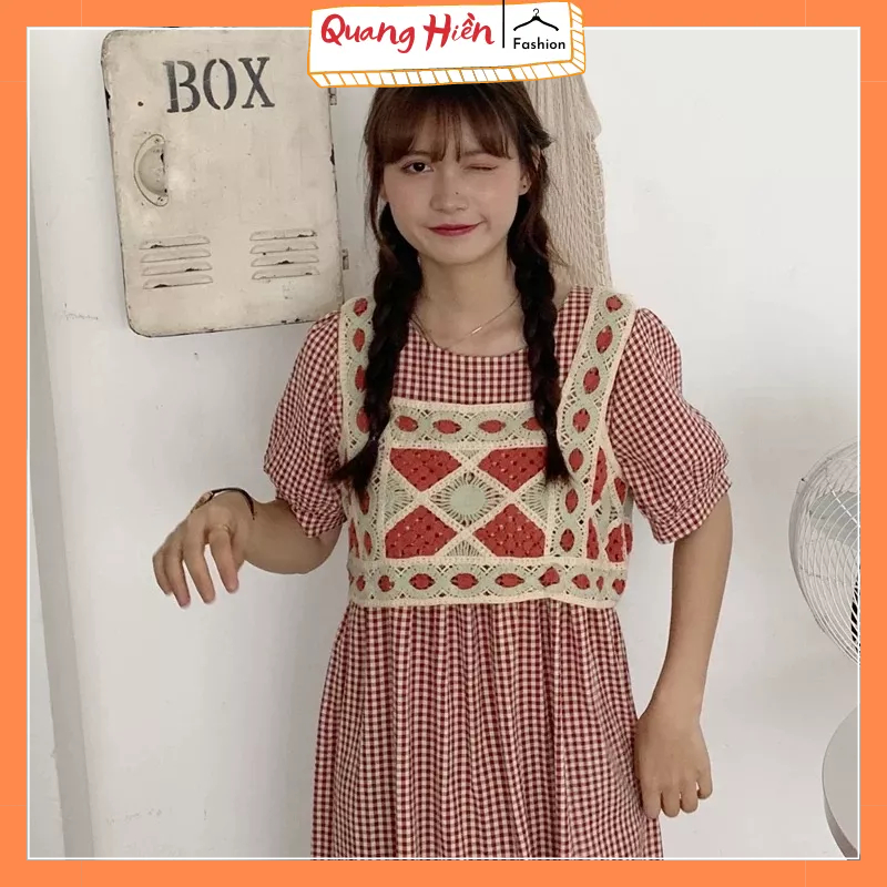 Áo hai dây cổ vuông đan móc hoạ tiết trám đi biển, mix váy áo MS577