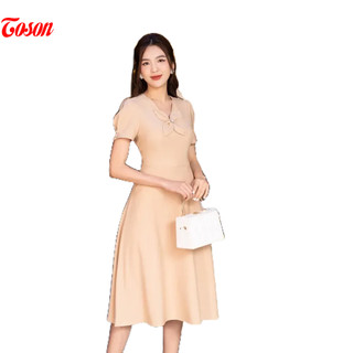 Đầm be da tuytsi xòe cắt múi cong, đính nơ cánh bướm Limitted Toson 49003E93