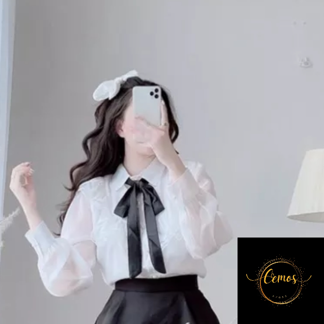 Áo sơ mi tiểu thư viền ren, cổ buộc nơ đen thắt nơ CEMOS hàng CAO CẤP, Áo sơ mi công sở CEMOS, áo sơ mi nữ Cemos