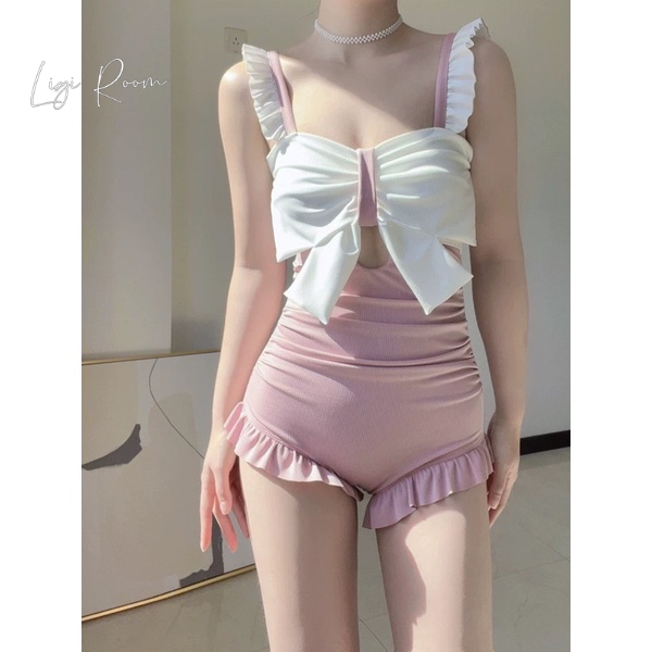 Bikini 2 dây liền thân 1 mảnh màu hồng cổ nơ, đồ bơi sexy màu xanh khoét lưng