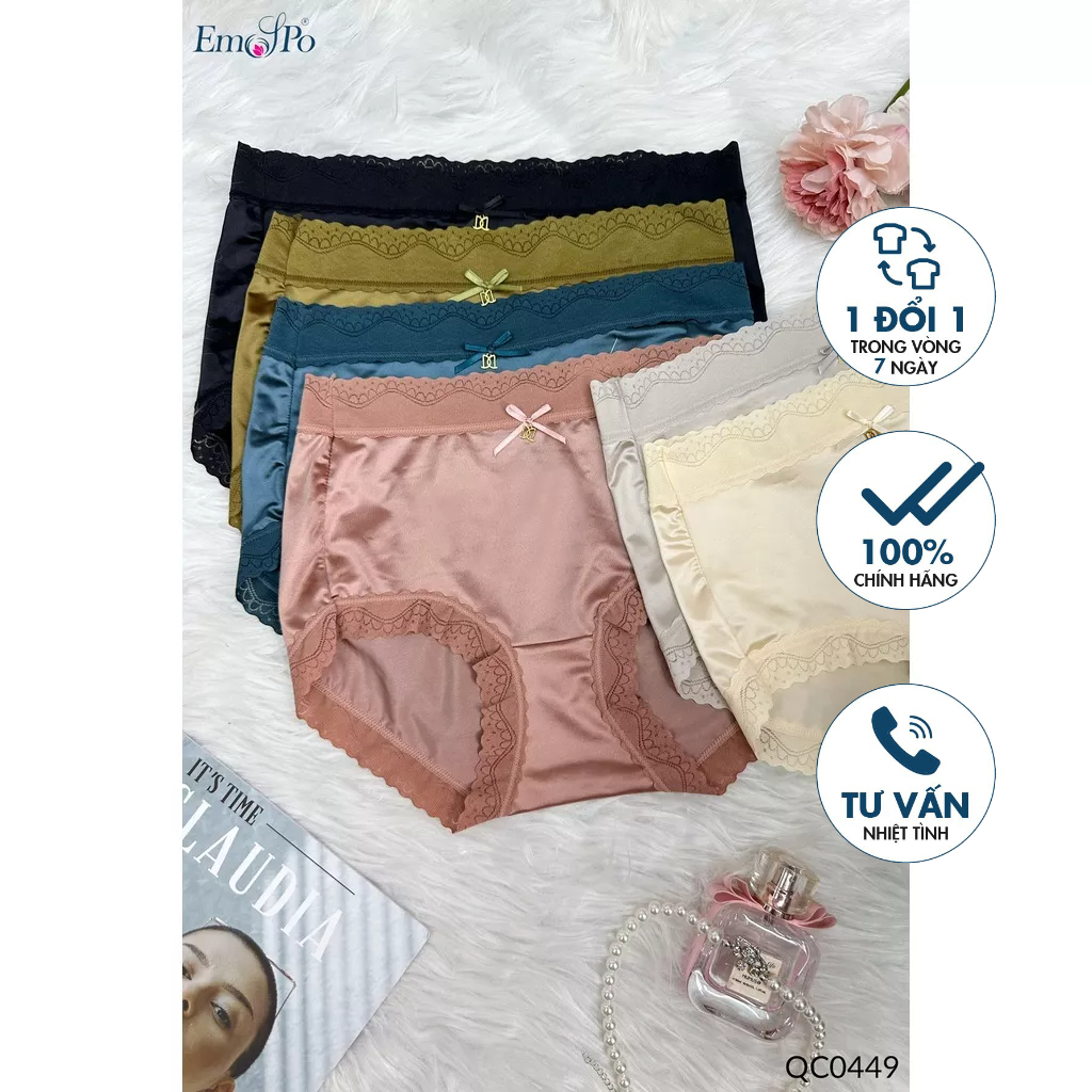 Quần lót cotton bóng, ren ở cạp và gấu, đính nơ EMSPO QC0449