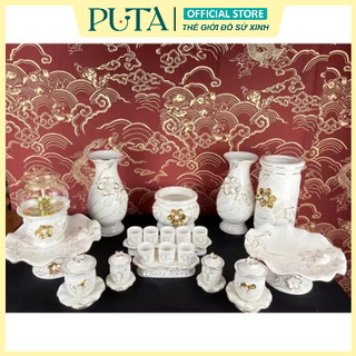 Bộ thờ cúng, đồ thờ cúng gia tiên, thần tài bạch ngọc kim sen chất liệu sứ họa tiết nổi có bán lẻ