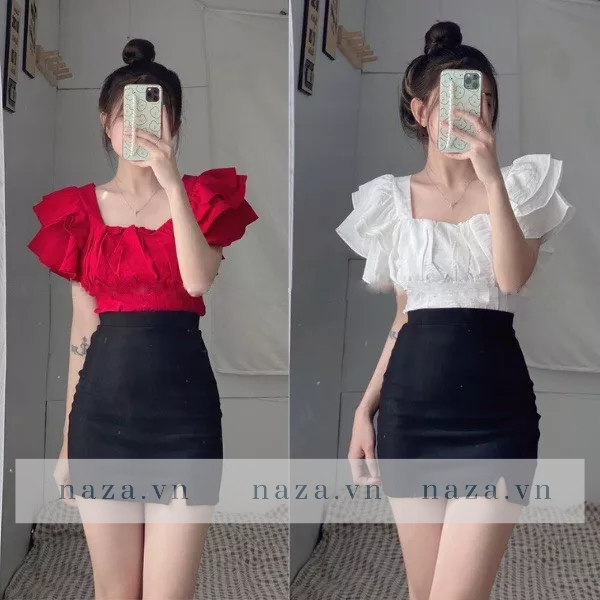 Áo Kiểu Tiểu Thư Siêu Xinh Thiết Kế Tay Bèo Ba Tầng Kiểu Cánh Tiên, Chất Đũi xước Mềm