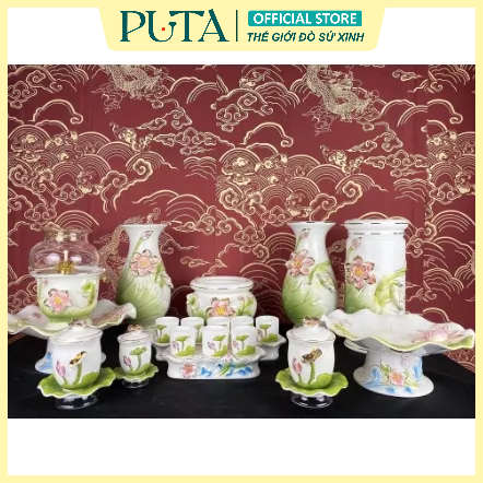 BỘ THỜ CÚNG, ĐỒ THỜ CÚNG KIM SEN XANH HỒNG SỨ CAO CẤP HỌA TIẾT SEN NỔI