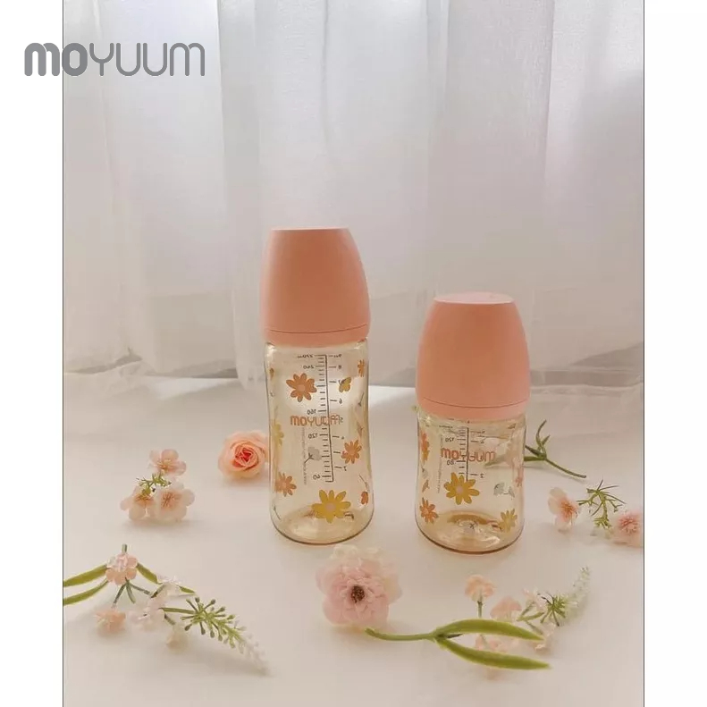 Bình sữa MOYUUM nhựa PPSU 270ml núm 2-5m phiên bản Hoa cúc Hồng