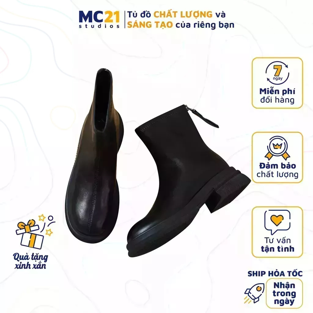 Giày chelsea boost nữ MC21.STUDIOS mũi vuông cổ cao khoá kéo sau Ulzzang Streetwear Hàn Quốc chất da PU đi êm chân G3401