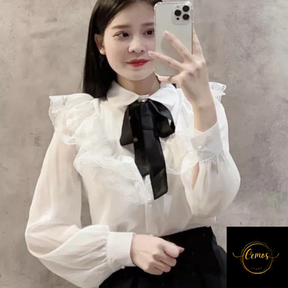 Áo sơ mi tiểu thư viền ren, cổ buộc nơ đen thắt nơ CEMOS hàng CAO CẤP, Áo sơ mi công sở CEMOS, áo sơ mi nữ Cemos