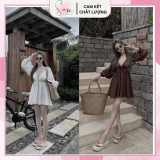 Váy Cổ V Khoét Sâu Gợi Cảm Với Phần Nơ Chun Eo, Tay Bồng Cực Kỳ Tiểu Thư Hàng Qccc