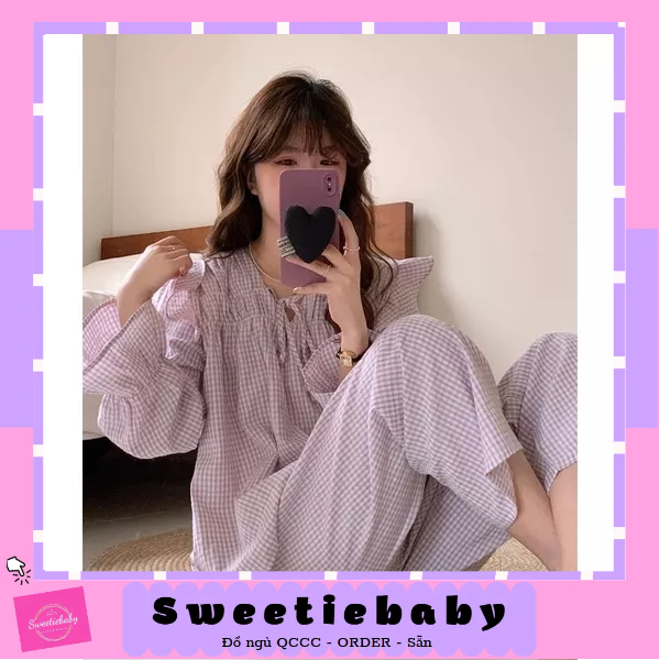 Sweetiebaby BỘ NGỦ PIJAMA KẺ CARO DÀI TAY CỔ NHÚN BÈO TÍM TIỂU THƯ rẻ nhất shopee