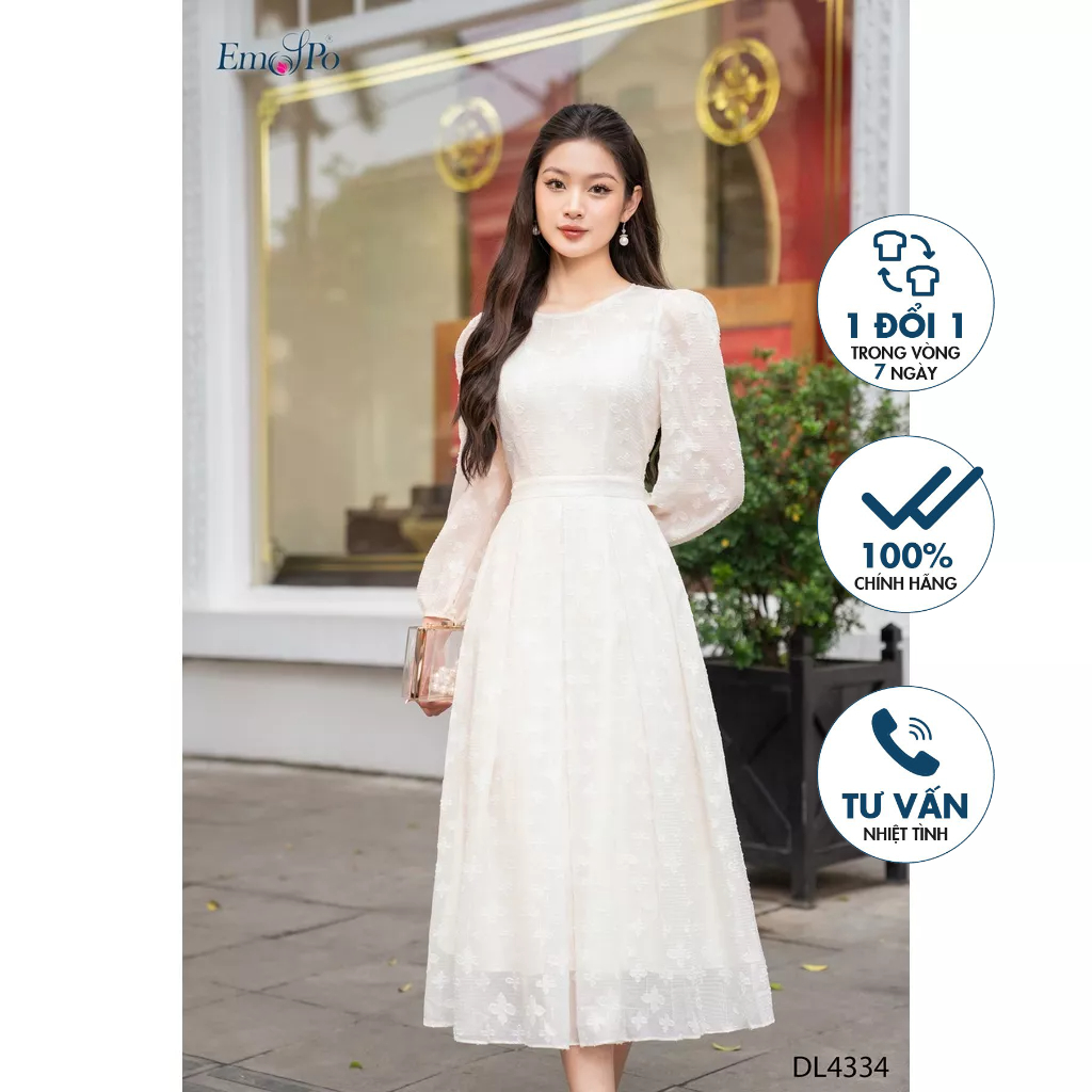 Đầm xòe cổ tròn xếp ly phối hoa nổi trang trí EMSPO DL4334