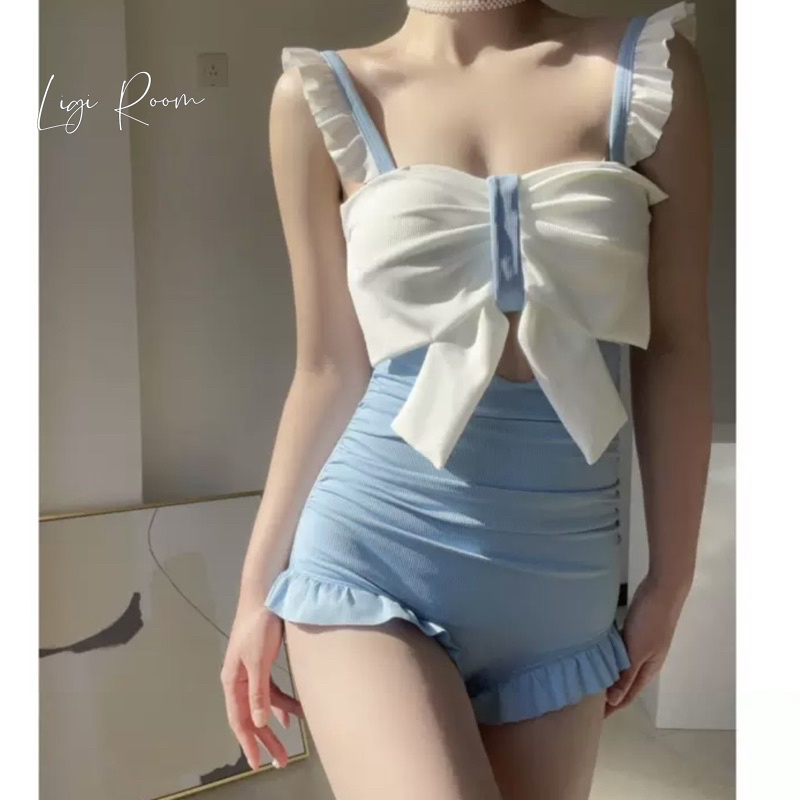 Bikini 2 dây liền thân 1 mảnh màu hồng cổ nơ, đồ bơi sexy màu xanh khoét lưng