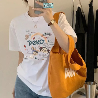 Áo thun nữ tay ngắn chất thun cotton in hình peko nhà LAM, áo thun cotton nữ in phom rộng phong cách Hàn Quốc