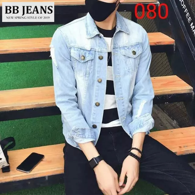 Áo khoác jean nam form body suông xanh rách 5030 cực đẹp - style PM chuẩn dáng size 40-75kg BB Jeans