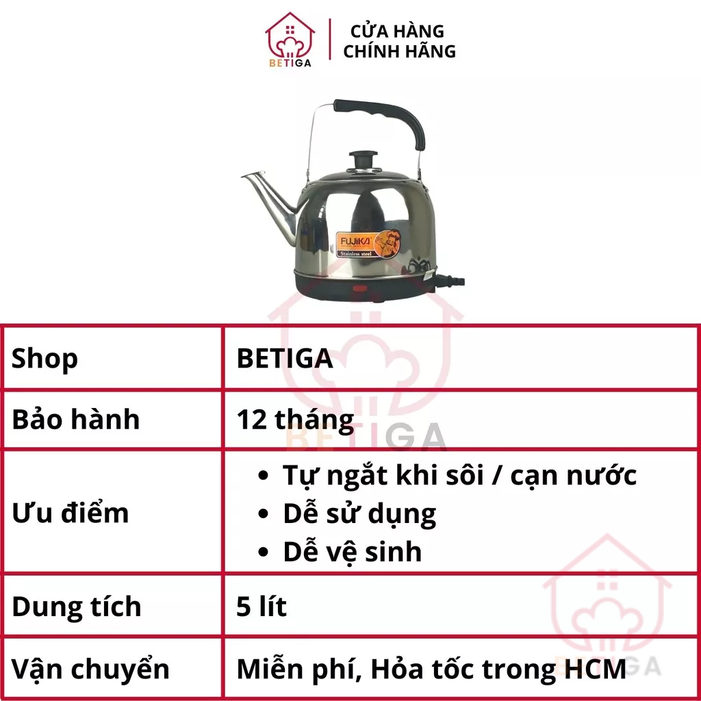 Bình đun siêu tốc 5 Lít, ấm siêu tốc Fujika FJ-SD50 bền đẹp, nấu nước an toàn, thân ấm inox