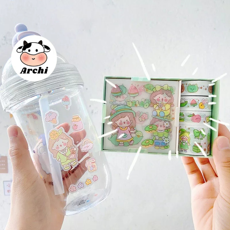 Hộp 8 món băng keo dính Washi tape + sticker dán trang trí sổ lưu niệm DIY hoa tiết hoạt hình cute