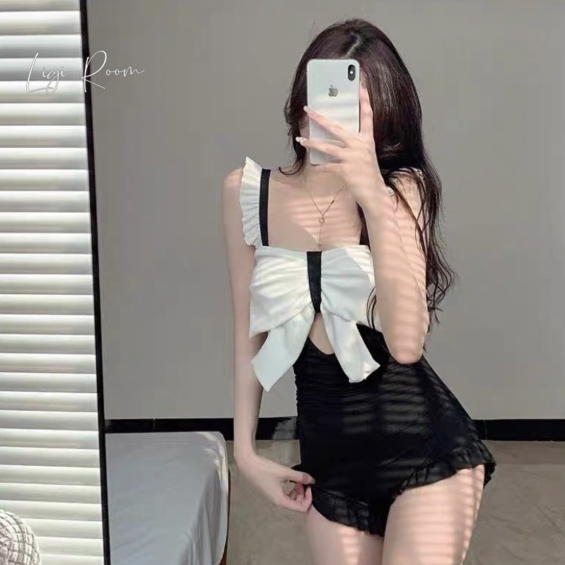 Bikini 2 dây liền thân 1 mảnh màu hồng cổ nơ, đồ bơi sexy màu xanh khoét lưng