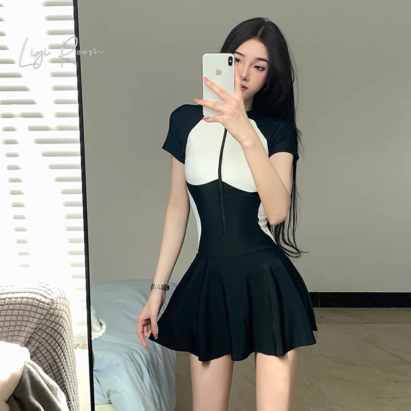 Bikini cộc tay váy xoè kín đáo, đồ bơi liền mảnh kéo khoá tôn dáng | BigBuy360 - bigbuy360.vn