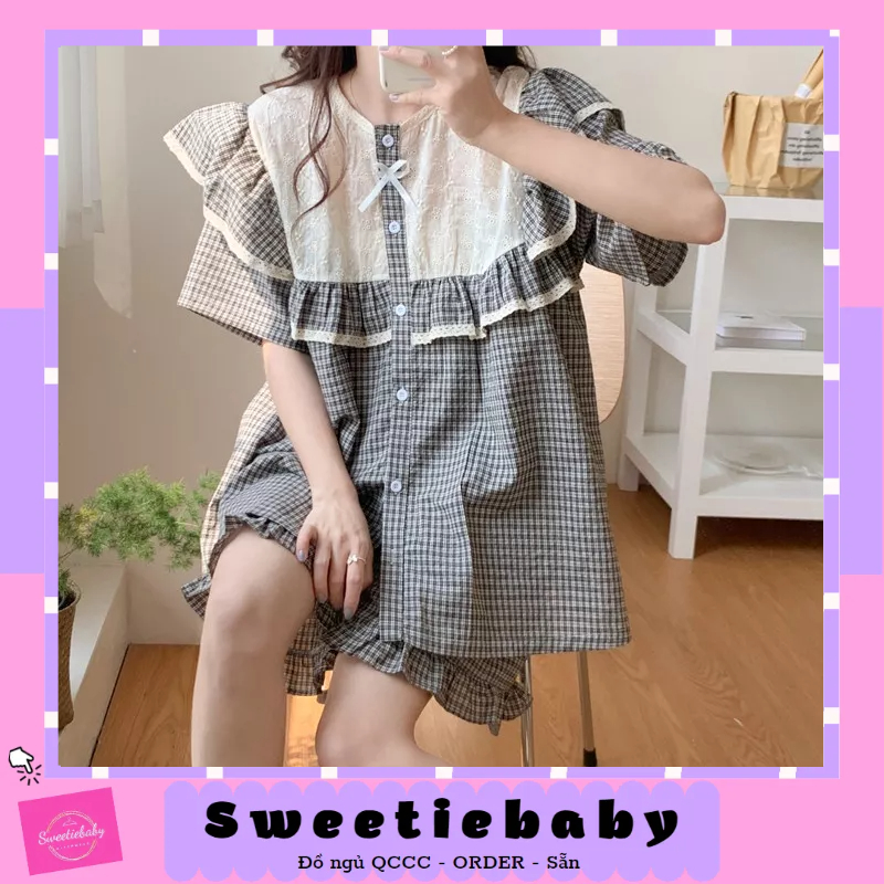 𝑺𝒘𝒆𝒆𝒕𝒊𝒆𝒃𝒂𝒃𝒚 SET BỘ NGỦ MẶC NHÀ CARO ĐEN CỘC TAY PHỐI BÈO CUTE rẻ nhất shopee