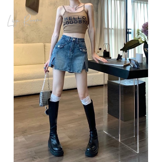 Váy bò giả quần xẻ tà cá tính, chân váy chữ A quần váy chất liệu bò màu xanh