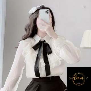 Áo sơ mi tiểu thư viền ren, cổ buộc nơ đen thắt nơ cemos hàng cao cấp, áo sơ mi công sở cemos, áo sơ mi nữ cemos