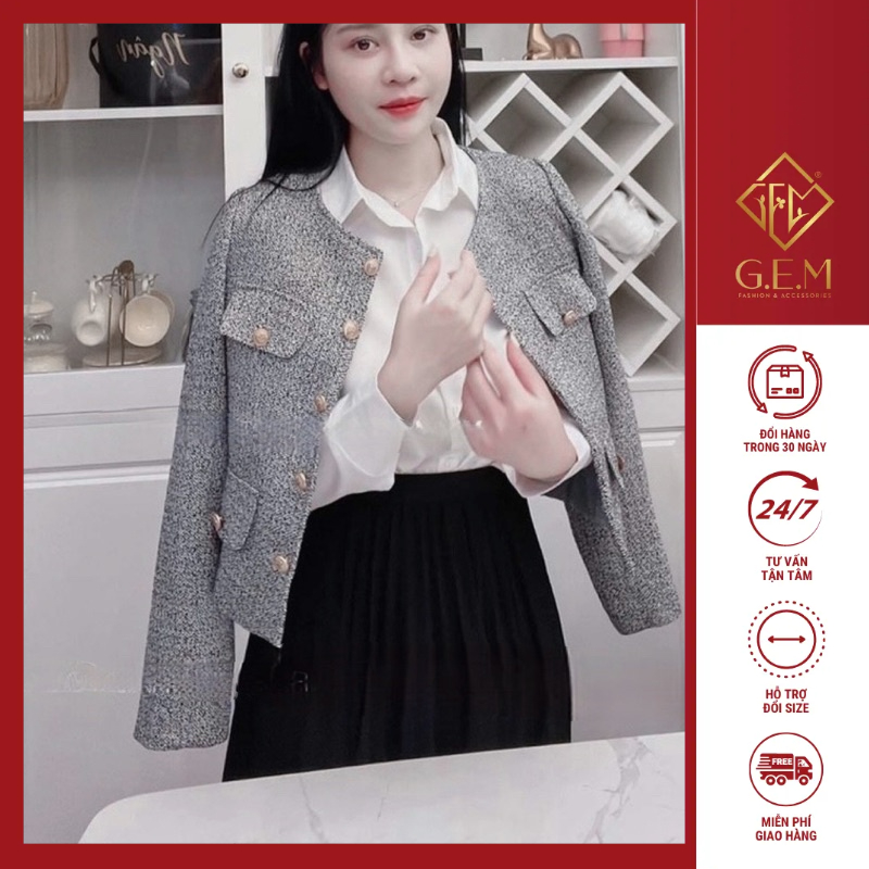 Áo dạ cổ tròn 4 túi trang trí đường may chắc chắn kiểu dáng thanh lịch - GEM Fashion