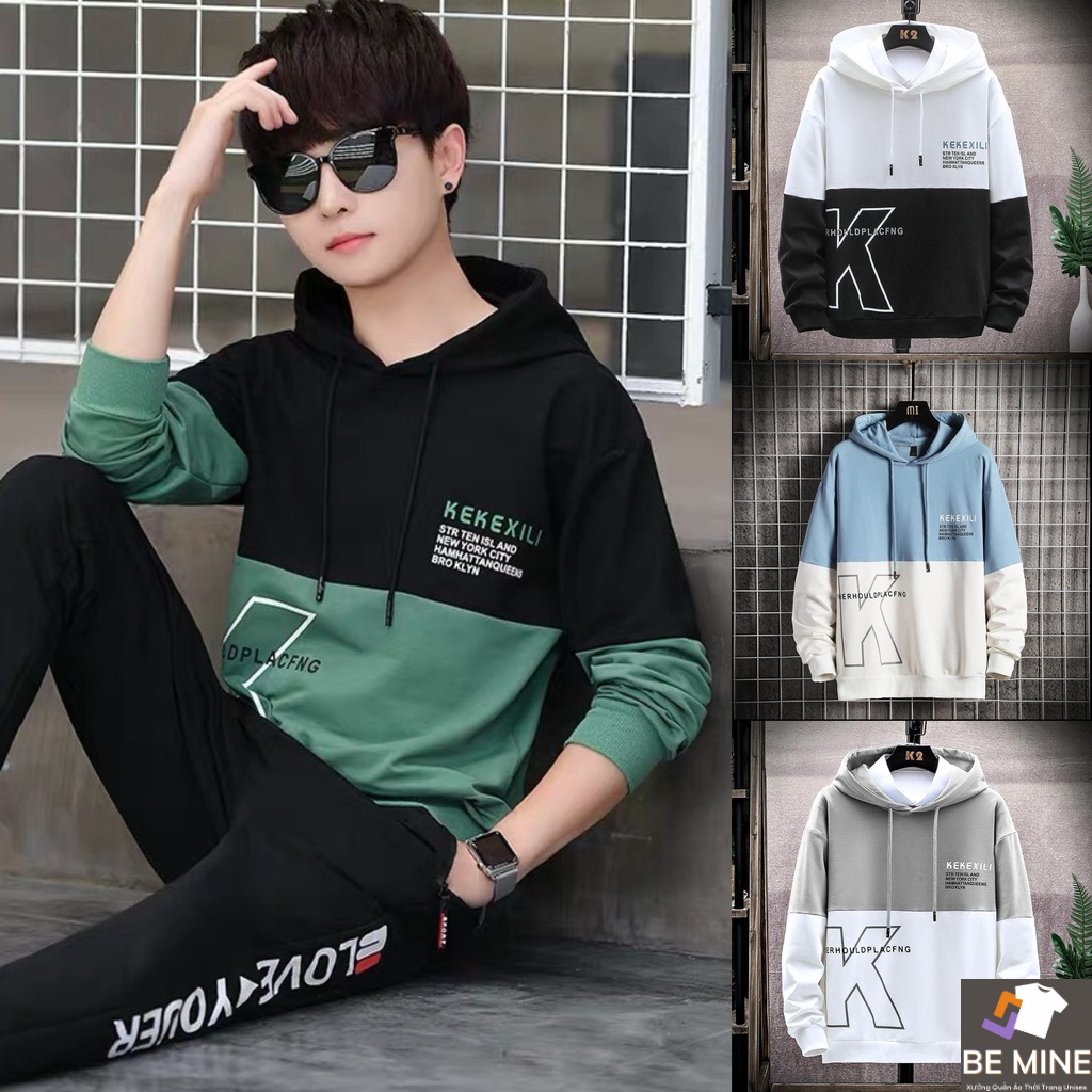 Áo Hoodie Nón Chui Trùm Đầu Nữ Nam Unisex Chất Vải Nỉ Poly Chữ K Đen Xanh MEN TOP 154