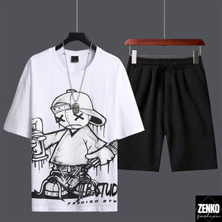 Combo Bộ Quần Áo Hè Thun Nam Áo Tay Ngắn Cổ Tròn Graffiti Phối Quần Short Đùi Zenkonam MEN TOP 200 + SHORTS 050