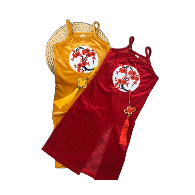 Váy nhung bé gái, váy sườn xám Trung hoa dễ thương, chất nhung đẹp