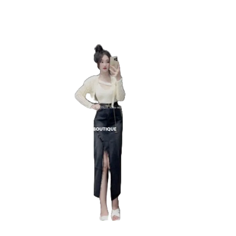 Chân váy jean dài xẻ tà ziczac tua rua kèm đai đẹp_chân váy bò dài kiểu