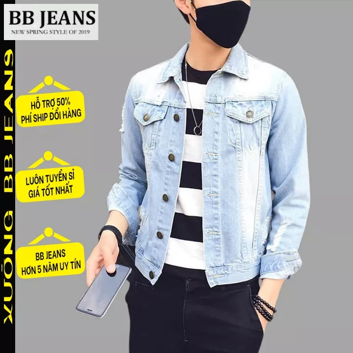 Áo khoác jean nam form body suông xanh rách 5030 cực đẹp - style PM chuẩn dáng size 40-75kg BB Jeans