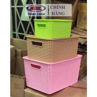 Combo 5 giỏ đựng đồ bằng nhựa có nắp giả mây kiểu hàn quốc song long