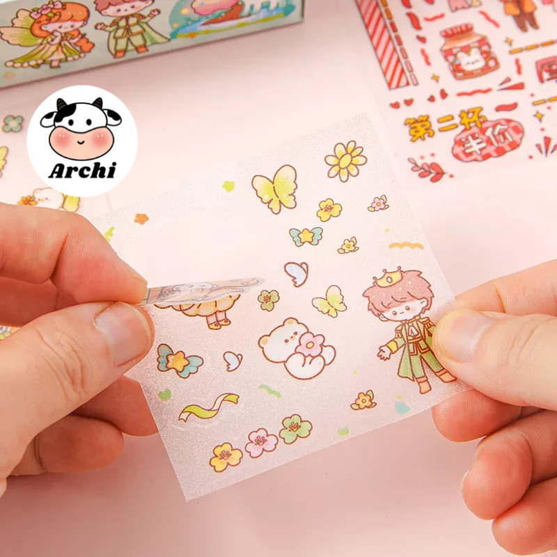 Hộp 8 món băng keo dính Washi tape + sticker dán trang trí sổ lưu niệm DIY hoa tiết hoạt hình cute