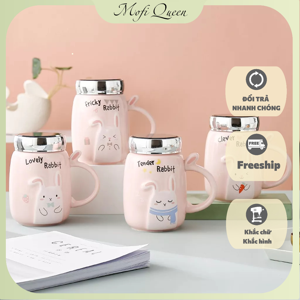 Bộ ly tách, Cốc uống nước thủy tinh, cute in nổi hình thỏ trên nền hồng, kèm nắp gương 500ml