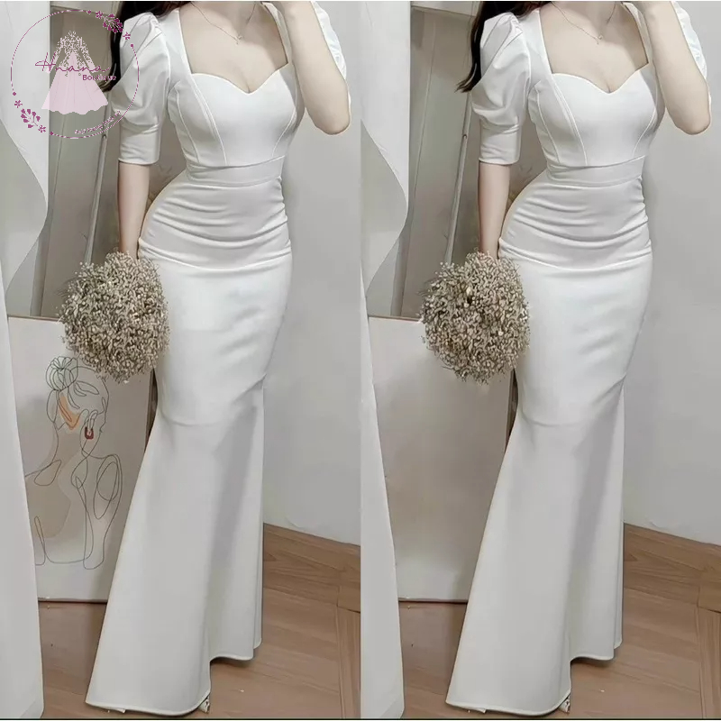 ĐẦM TRẮNG MAXI THIẾT KẾ DÁNG ĐUÔI CÁ TÔN DÁNG TAY ĐÍNH NGỌC