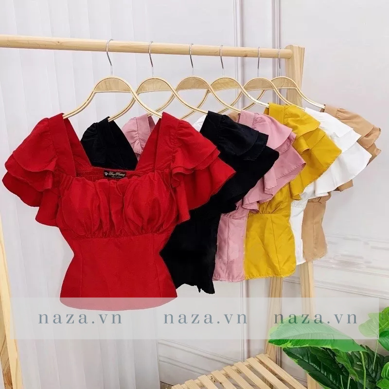 Áo Kiểu Tiểu Thư Siêu Xinh Thiết Kế Tay Bèo Ba Tầng Kiểu Cánh Tiên, Chất Đũi xước Mềm