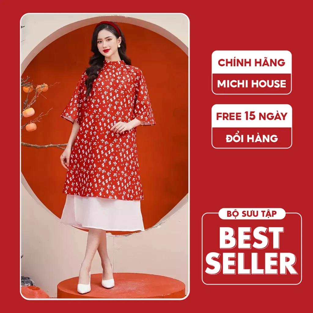 Đầm Suông A Đỏ Dáng Áo Dài Tết Michi House Váy Xuông Cách Tân Hoa Nhí Vintage Mặc Lễ Tết Xinh Freesize Bầu Mặc Xinh V553